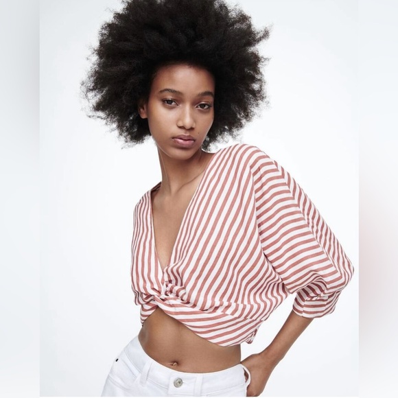 ZARA LINEN BLENDED KNOTTED STRIPED TOP NWT - Picture 6 of 7